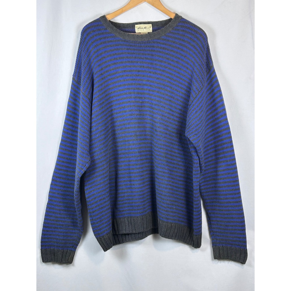 Vintage Eddie Bauer Sweater Mens XL Tall Blue Grey Striped Cotton Crewneck